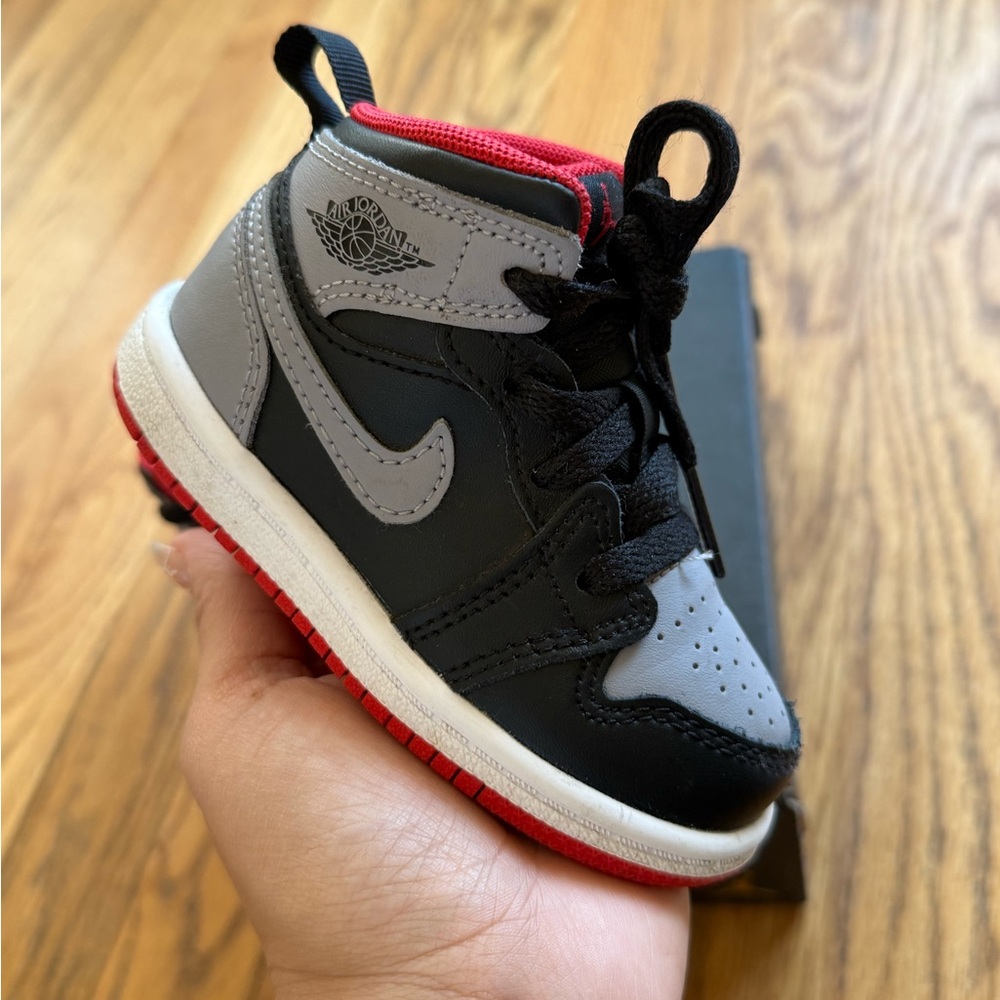 Nike - Jordan 1 Mid TD 
Size 5
Black/Gray/Fire Red - Picture 10 of 13